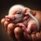 A baby pig held in the hand by people. Animal protection concept.