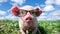 Baby pig with sparkling glasses in a grassy field under blue sky.