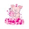 Baby pig is washing illustration. Lovely blue bear cub with a washcloth and bubbles.