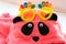Baby pink plush panda pajamas and Happy Birthday glasses