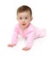 Baby in pink on white sheet