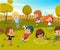 Baby Play Kindergarten Playground Illustration. Children Play Football and Swing Outdoor in Summer Green Tree Park