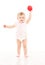 Baby Playing Ball on White, Toddler Kid in Diaper Play with Toy