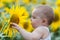 Baby playing with sunflower