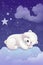 Baby Polar Bear Sleeping on Cloud with Starry Sky. Generative ai