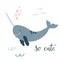 Baby print with blue narwhal. Hand drawn graphic