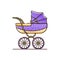 Baby purple stroller with white polka dots. Vector isolated object on a white background. Birth of a baby boy or girl