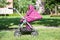 Baby pushchair is folded in lying position on green meadow in summer sunny park, side view, infant perambulator series