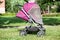 Baby pushchair with mosquito net is on green meadow in summer sunny park, infant perambulator series
