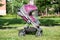 Baby pushchair with rain cover is on green meadow in summer sunny park, infant perambulator series