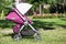 Baby pushchair with summer kit is on green meadow in summer sunny park, side view, infant perambulator series
