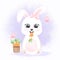 Baby rabbit eating a carrot and carrots in basket, hand drawn cartoon illustration