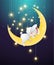 Baby rabbit sleeping on the moon with starry night