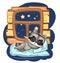 Baby Raccoon sleeps in bed. Dreaming Near the window and wall. Night and stars. Childrens illustration. Nice baby animal