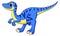 Baby raptor mascot. Cartoon blue velociraptor character