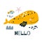 Baby room wall art Cute poster children room with whale fish, sea, text Hello. Baby print Yellow smiling whale vector