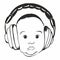 Baby`s face with headphones, vector illustration. Happy newborn baby listening to music on headphones