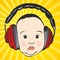 Baby`s face with headphones, vector illustration. Happy newborn baby listening to music on headphones