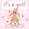 Baby it`s a girl greeting card with furry cute cartoon dog, funny pet akita on pink background with hearts, editable vector