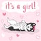Baby it`s a girl greeting card with furry cute cartoon dog, funny pet husky on pink background with hearts, editable vector