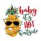 Baby it`s hot outside- funny tropic greeting for christmas. Cool pineapple in Christmas lights.