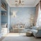 a baby\'s room with blue walls and a floral wallpaper Farmhouse interior Nursery with Light Blue