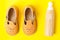 Baby sandals and wooden eco toy, baby`s first shoes