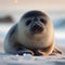 Baby seal on the beach in Antarctica at sunrise, north polar wildlife, mammal, close up, generative ai