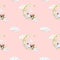 Baby seamless pattern on a pink background. Baby bear sleeping on a cloud. Girl. Watercolor background