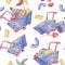 Baby seamless pattern with wheelbarrows, toys, bucket, shovel, stack rings, pinwheel in watercolor. Hand drawn textile