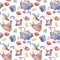 Baby seamless pattern with wheelbarrows, toys, bucket, shovel, stack rings, pinwheel in watercolor. Hand drawn textile