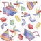 Baby seamless pattern with wheelbarrows, toys, pencils, stack rings, pinwheel in watercolor. Hand drawn textile for kids