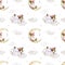 Baby seamless pattern on a white background. Baby bear on the moon, on a cloud. Girl. Watercolor background.