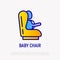 Baby seat for car: child is fastened by seat belts. Thin line icon. Modern vector illustration