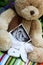 Baby shoes and teddy bear and baby ultrasound