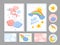 Baby shower. Abstract cute clouds heart. Kid print pattern and invitation with stars sun, moon and rainbow. Art food