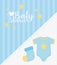 Baby shower, blue bodysuit and sock stars celebration card