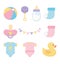 Baby shower, bodysuits pacifier bottle rattle sock duck icons