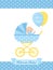 Baby Shower boy card. Vector illustration. Blue greeting postcard.