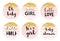 Baby Shower Candy Bar Vector Tag Set. Six Cute Pink Circle Shape Tags With Golden Tiny Confetti