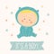 Baby shower card for baby boy. Cute baby boy sitting. Blond toddler boy.