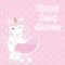 Baby shower card with cute unicorn girl brings and baby cart on pink polka dot background for baby shower invitation card