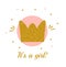 Baby shower card design template. It`s a girl card with gold glittering crown. Print for baby fashion