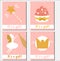 Baby shower card design template. It`s a girl cards with glittering elements cupcakes, magic wand, fairy, crown