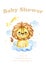 A Baby Shower card with a lion. Watercolor cartoon lion savanna animal illustration. Jungle savannah tropical exotic summer print