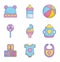 Baby shower clothes toys accessories icons collection