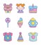 Baby shower clothes toys accessories icons collection