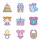 Baby shower clothes toys accessories icons collection