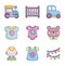 Baby shower clothes toys accessories icons collection