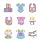 Baby shower clothes toys accessories icons collection